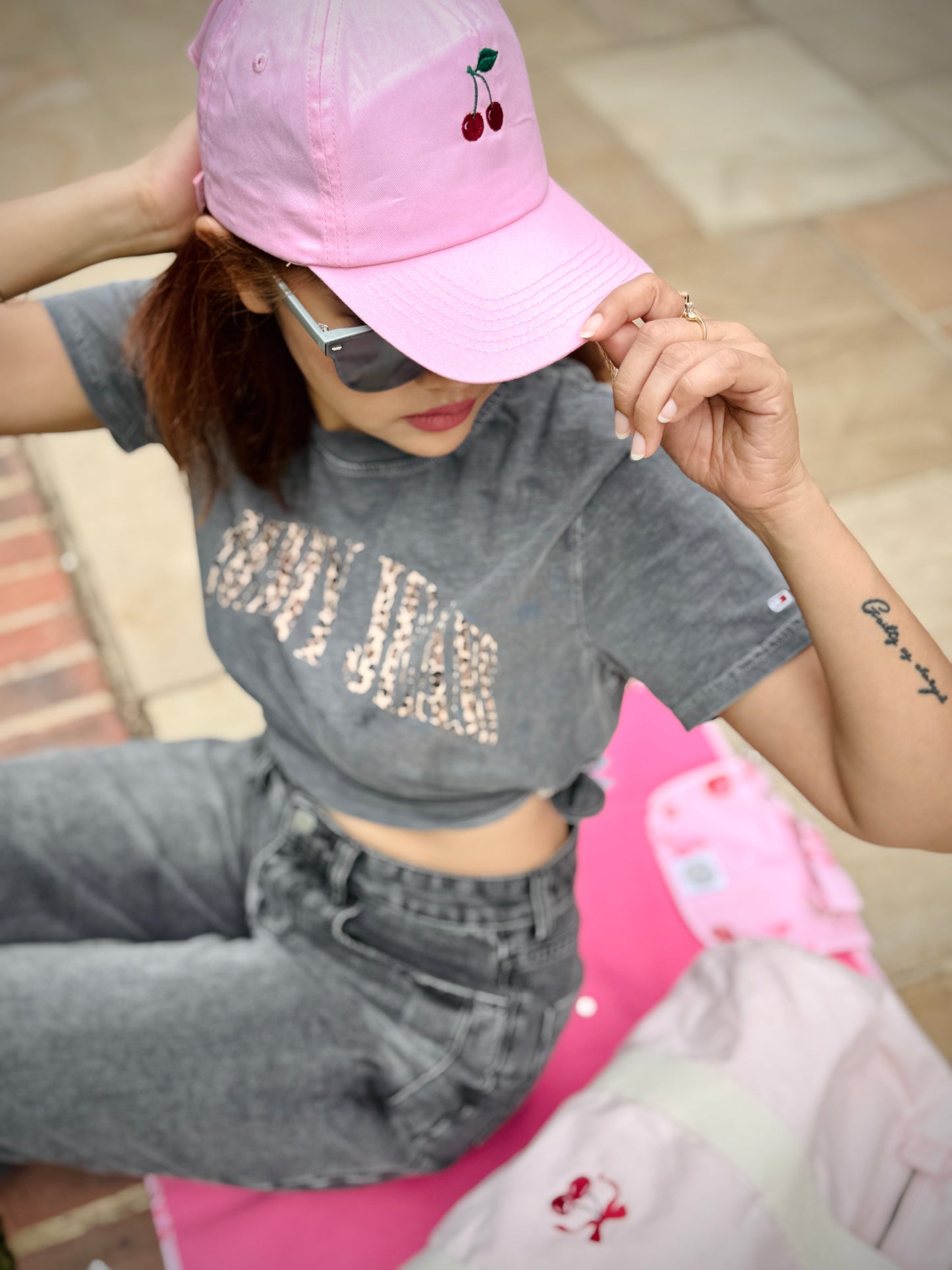 Embroidered Cotton Cap - 'Mini Cherries'