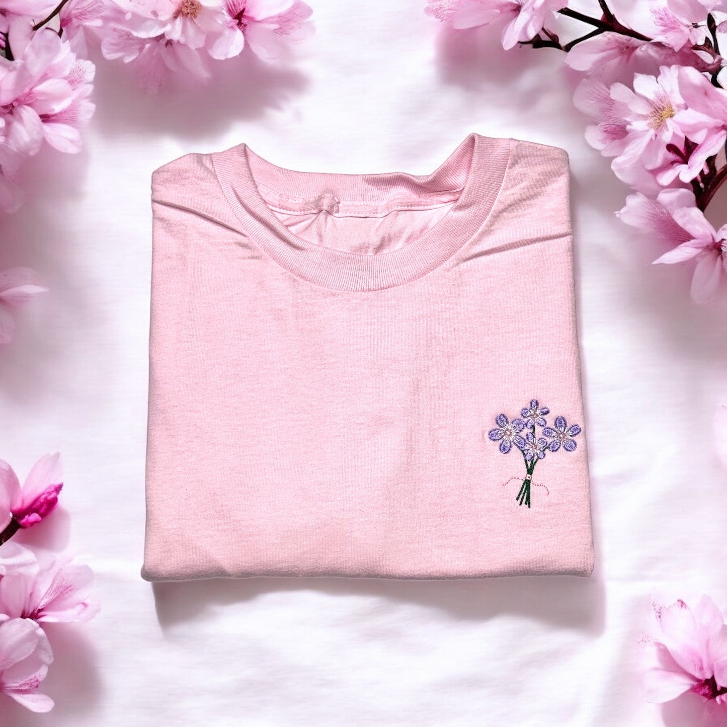 Embroidered T-shirt - 'Little Bouquet' - Pink