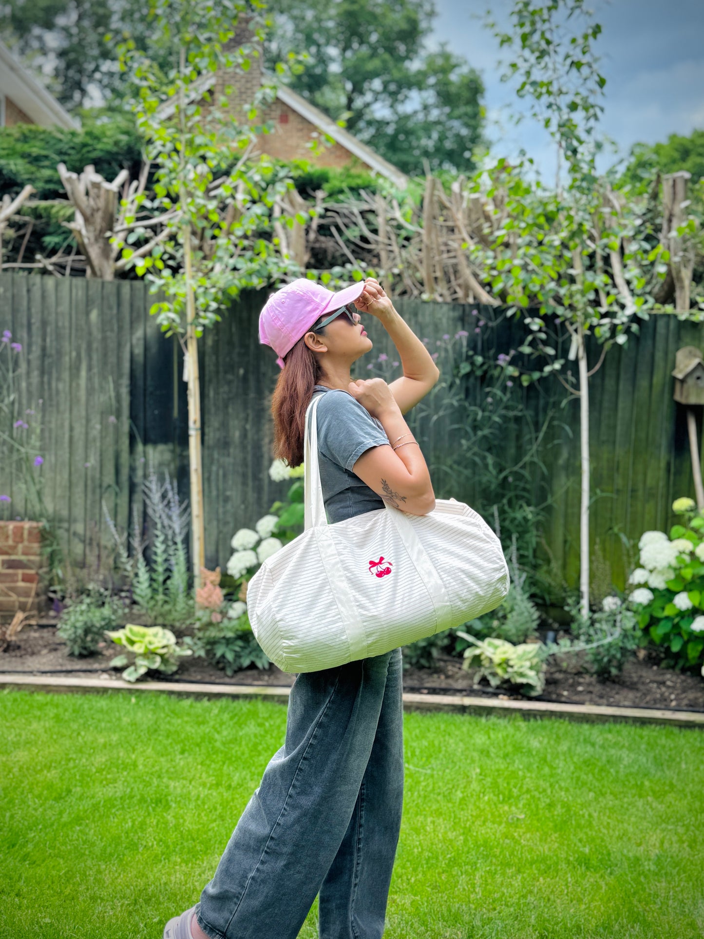 Embroidered Striped Organic Cotton Barrel Bag - 'Chérie Amour'