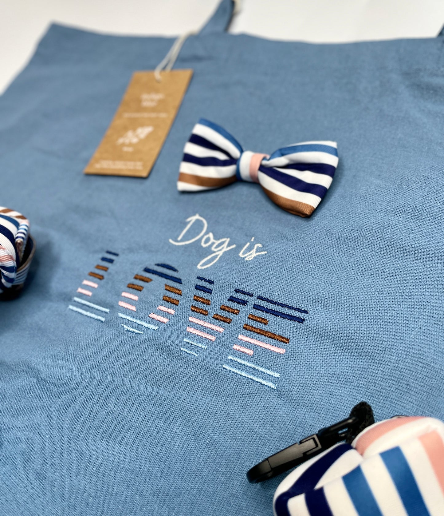 Embroidered Organic Natural Dyed Maxi Bag in Indigo Blue - 'Dog is Love' - Stripes