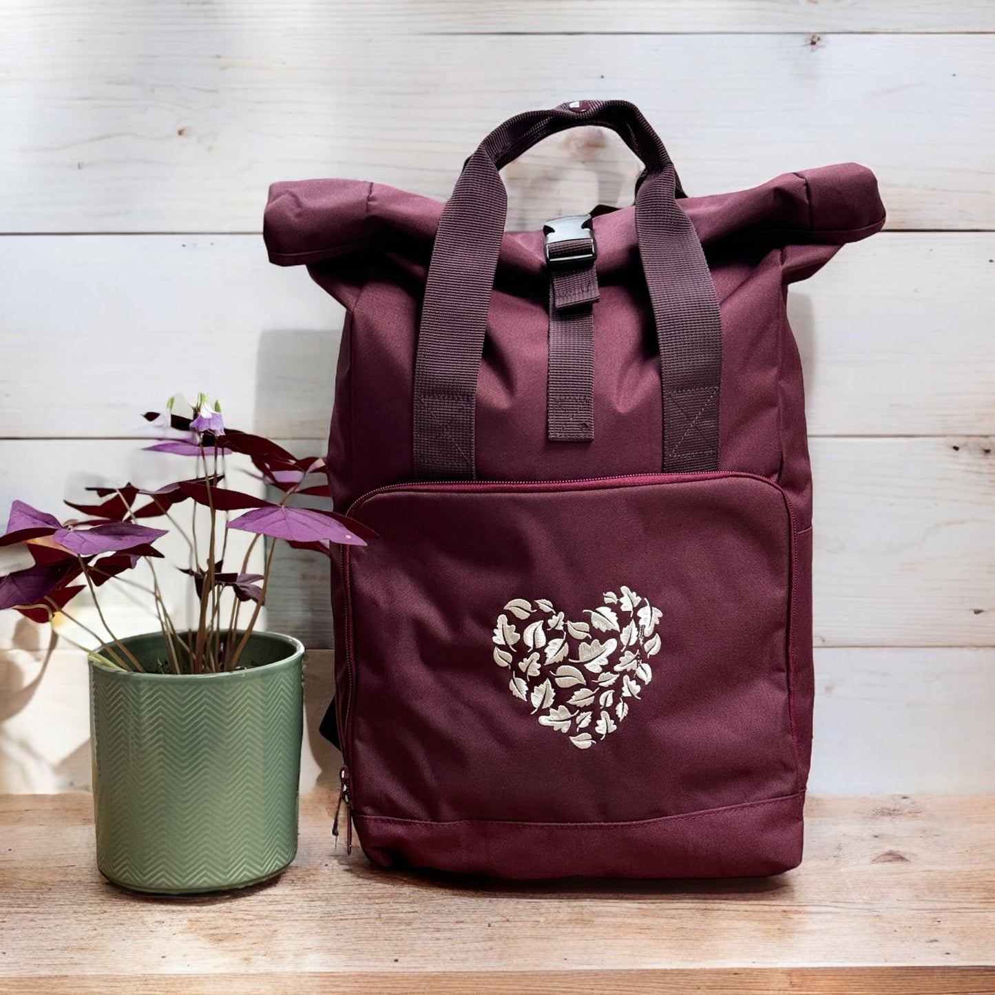 Embroidered Roll-Top Backpack - 'Don't Stop Be-Leafing' - Burgundy