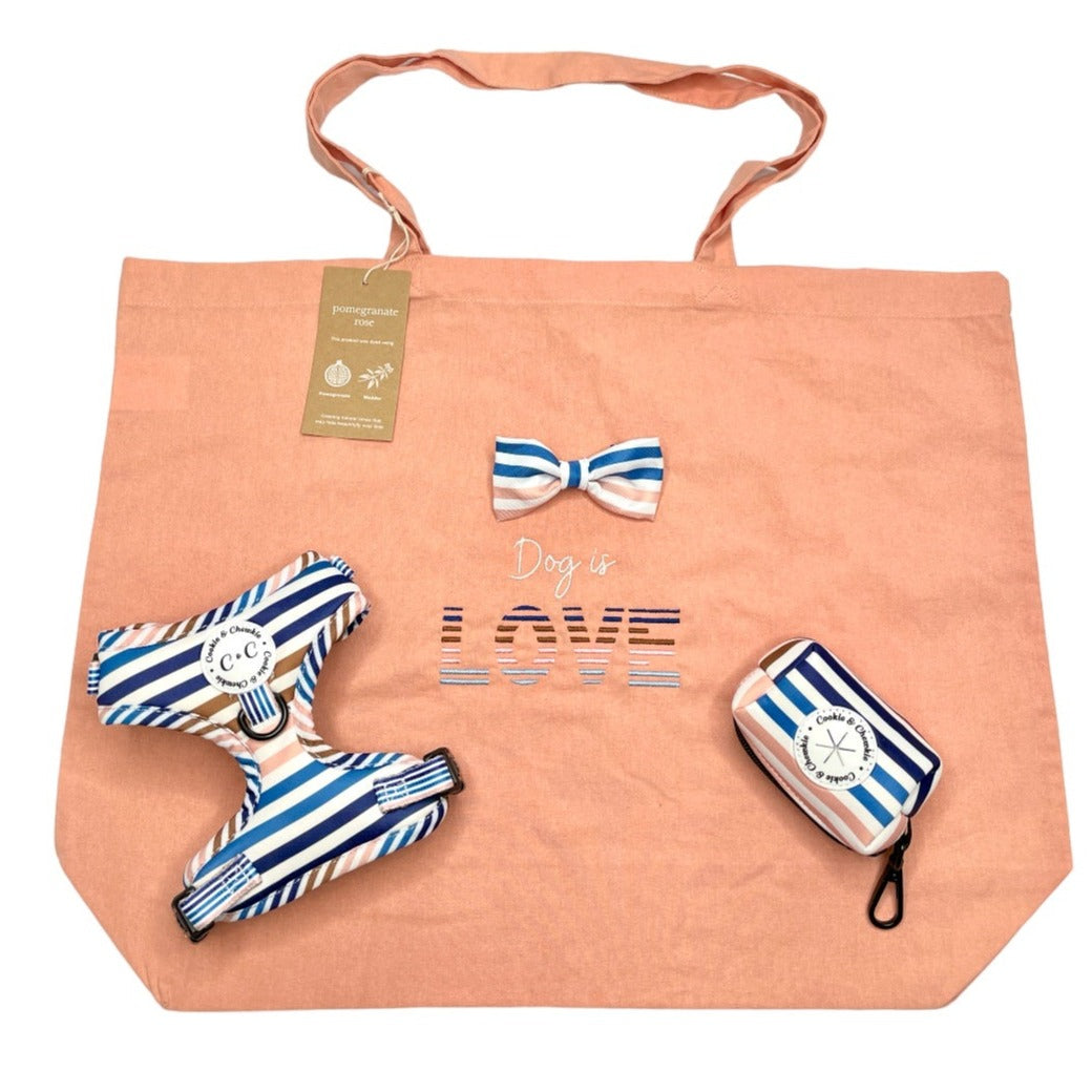 Embroidered Organic Natural Dyed Maxi Bag in Pomegranate Rose - 'Dog is Love' - Stripes