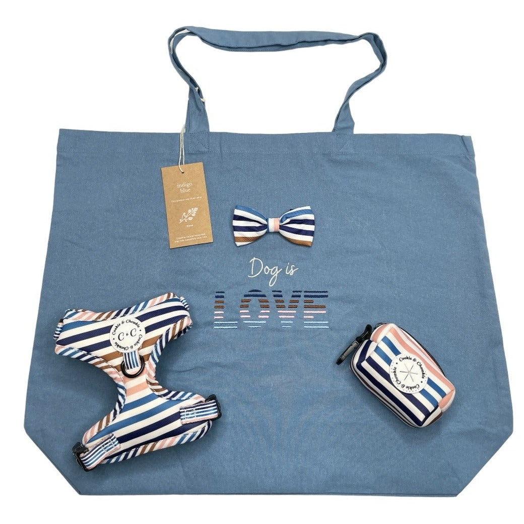 Embroidered Organic Natural Dyed Maxi Bag in Indigo Blue - 'Dog is Love' - Stripes