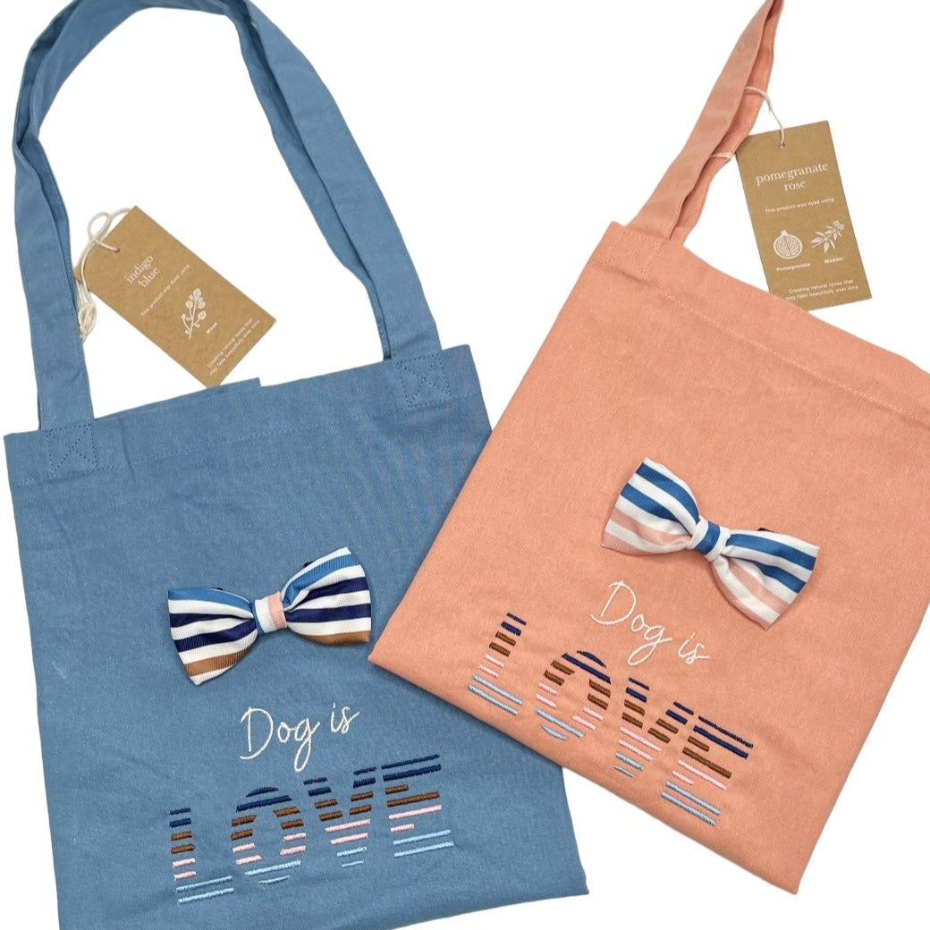 Embroidered Organic Natural Dyed Maxi Bag in Indigo Blue - 'Dog is Love' - Stripes