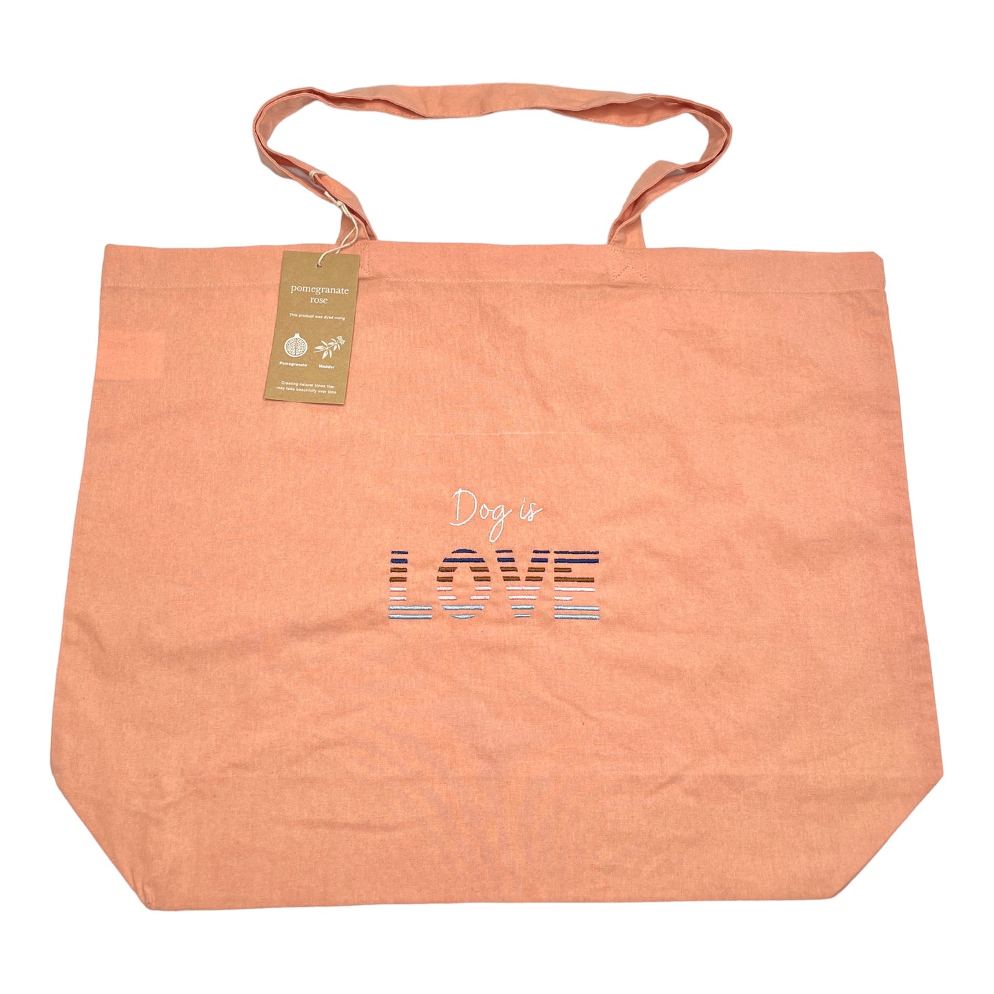 Embroidered Organic Natural Dyed Maxi Bag in Pomegranate Rose - 'Dog is Love' - Stripes
