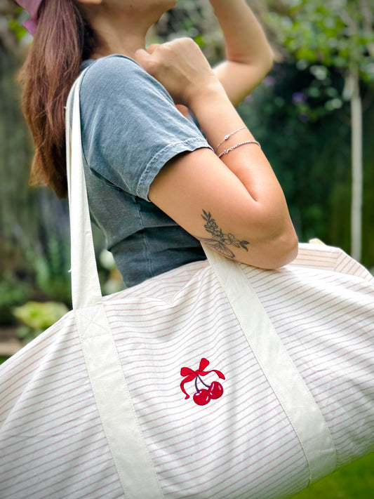 Embroidered Striped Organic Cotton Barrel Bag - 'Chérie Amour'