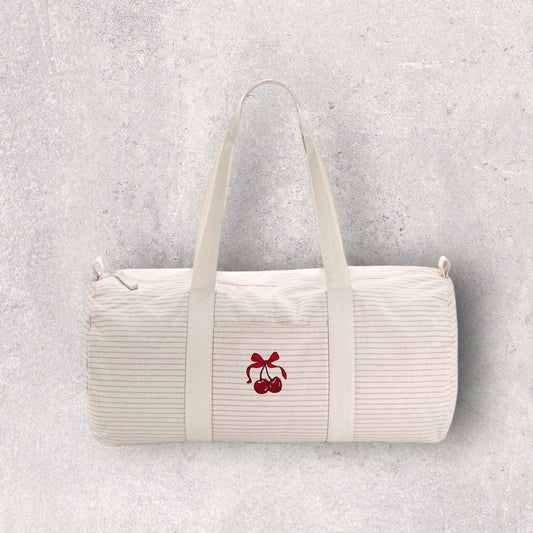 Embroidered Striped Organic Cotton Barrel Bag - 'Chérie Amour'