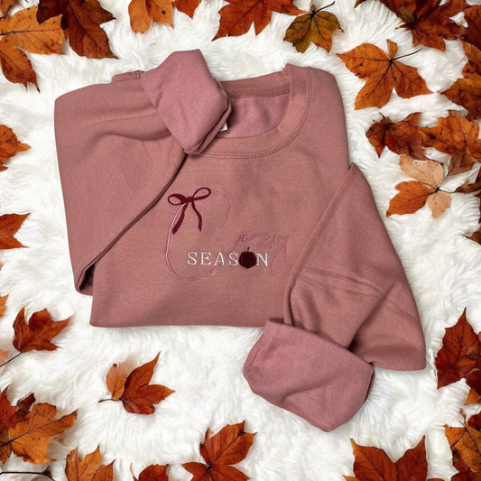 Embroidered Sweatshirt - 'Cozy Season' - Dusty Pink