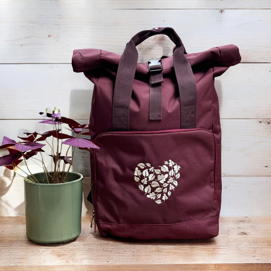 Embroidered Roll-Top Backpack - 'Don't Stop Be-Leafing' - Burgundy