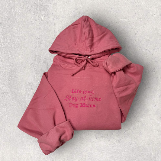 Embroidered Hoodie - 'Stay At Home Dog Mama' - Dusty Rose