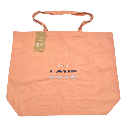 Embroidered Organic Natural Dyed Maxi Bag in Pomegranate Rose - 'Dog is Love' - Stripes