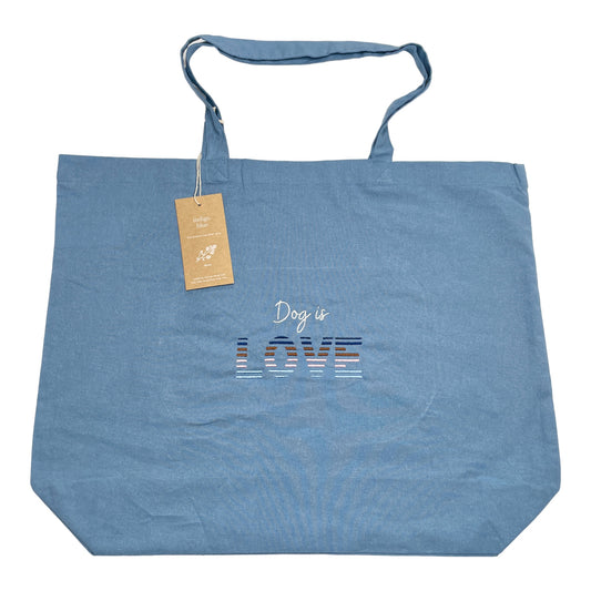 Embroidered Organic Natural Dyed Maxi Bag in Indigo Blue - 'Dog is Love' - Stripes