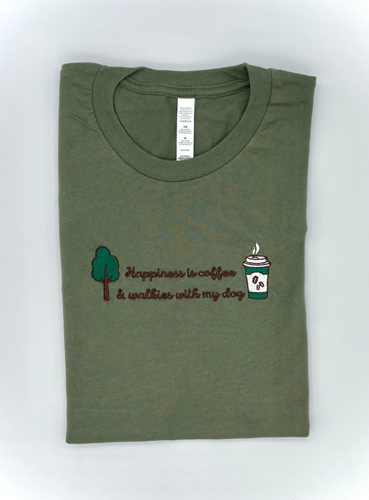 Embroidered T-shirt - 'Happiness Is Coffee & Walkie''