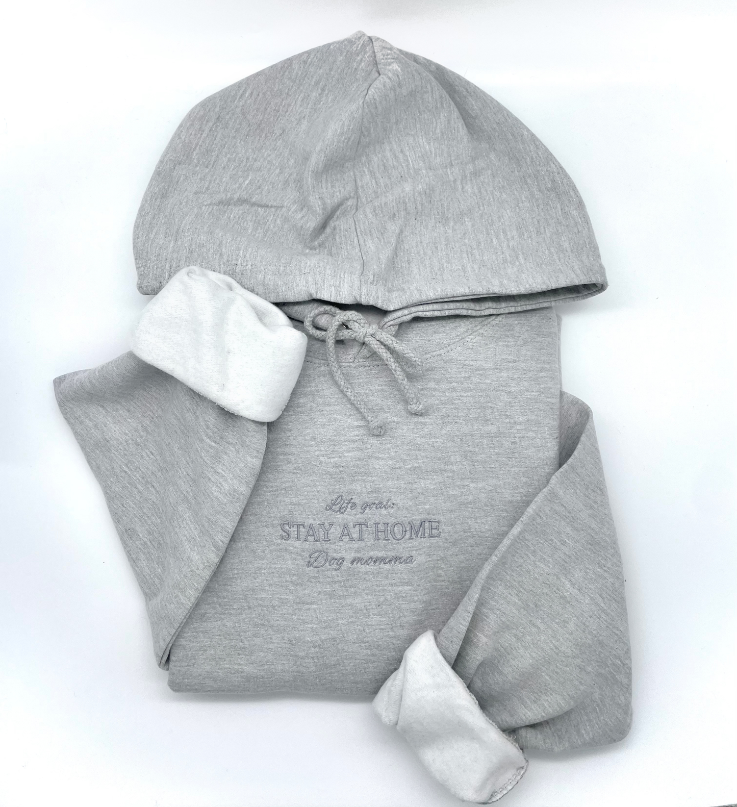 Embroidered Hoodie - 'Stay At Home Dog Momma' - Heather Grey